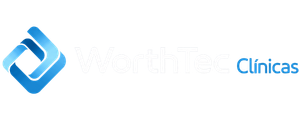 WorthTec Clínicas – Sistema para clínicas e consultórios, com identidade visual moderna em azul, representando tecnologia, organização e gestão inteligente para profissionais da saúde.