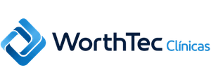 WorthTec Clínicas – Sistema para clínicas e consultórios, com identidade visual moderna em azul, representando tecnologia, organização e gestão inteligente para profissionais da saúde.