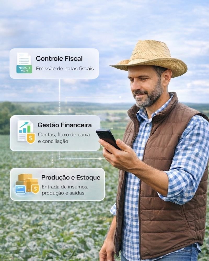 Sistema de gestão para produtor rural com controle financeiro, emissão de notas fiscais, gestão de estoque e produção, acessível pelo celular diretamente no campo.
